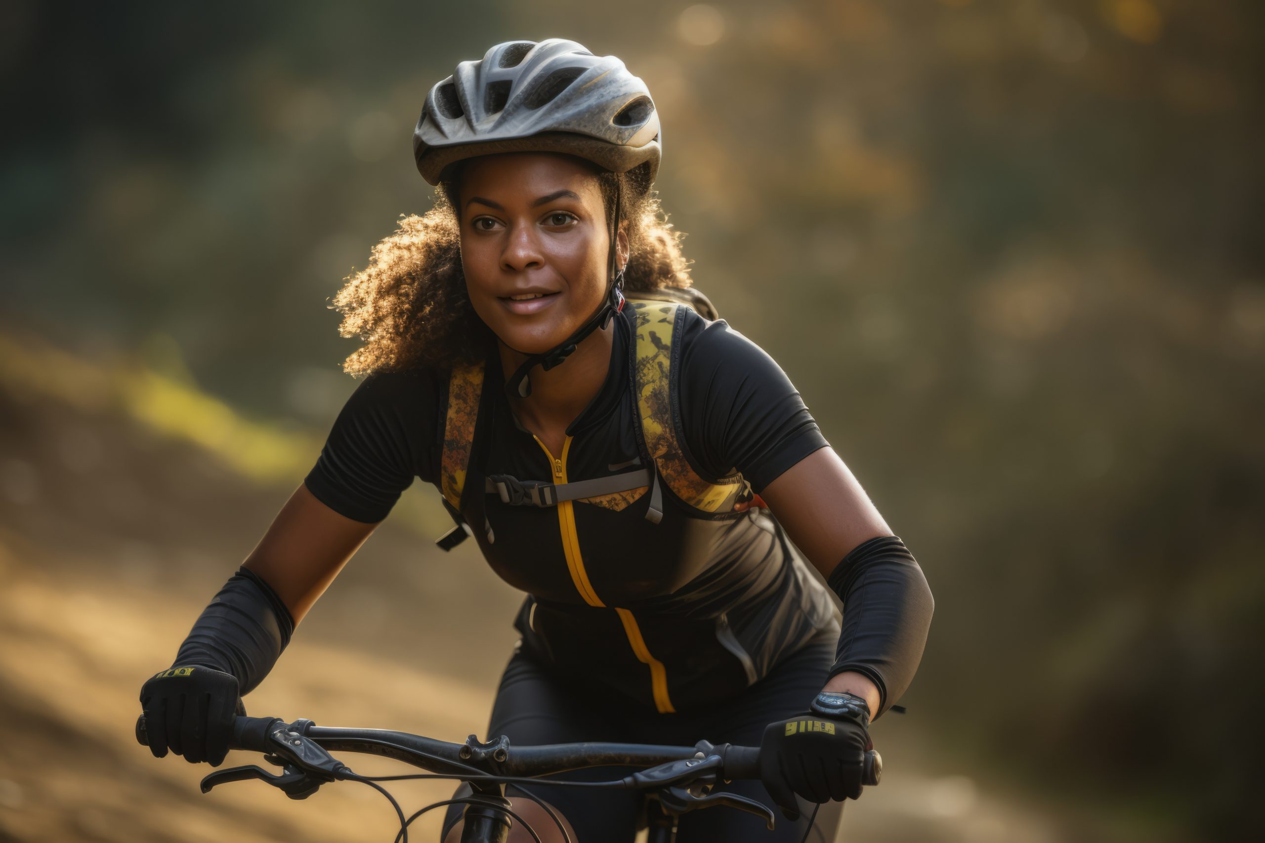 Woman riding a mountain bike and wearing a helmet and gloves for protection. GLOVE DOVE® The Ultimate Glove Saver!™ can be used for your biking gloves